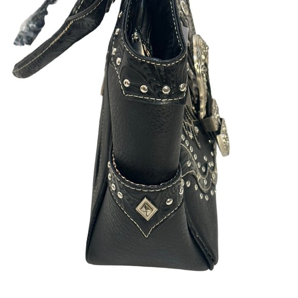 (8-209) Brand New w/Tag Black Leather-Like Western Shoulder Handbag - Picture 4 of 10